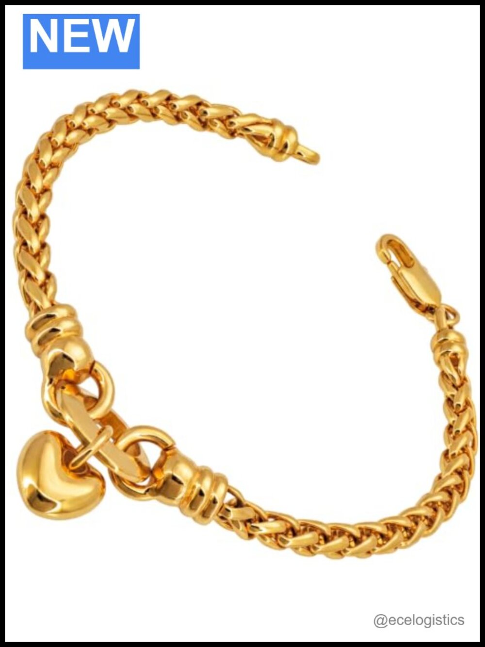 Love Heart 4mm Wheat Chain Bracelet 24K Gold Plated Charm